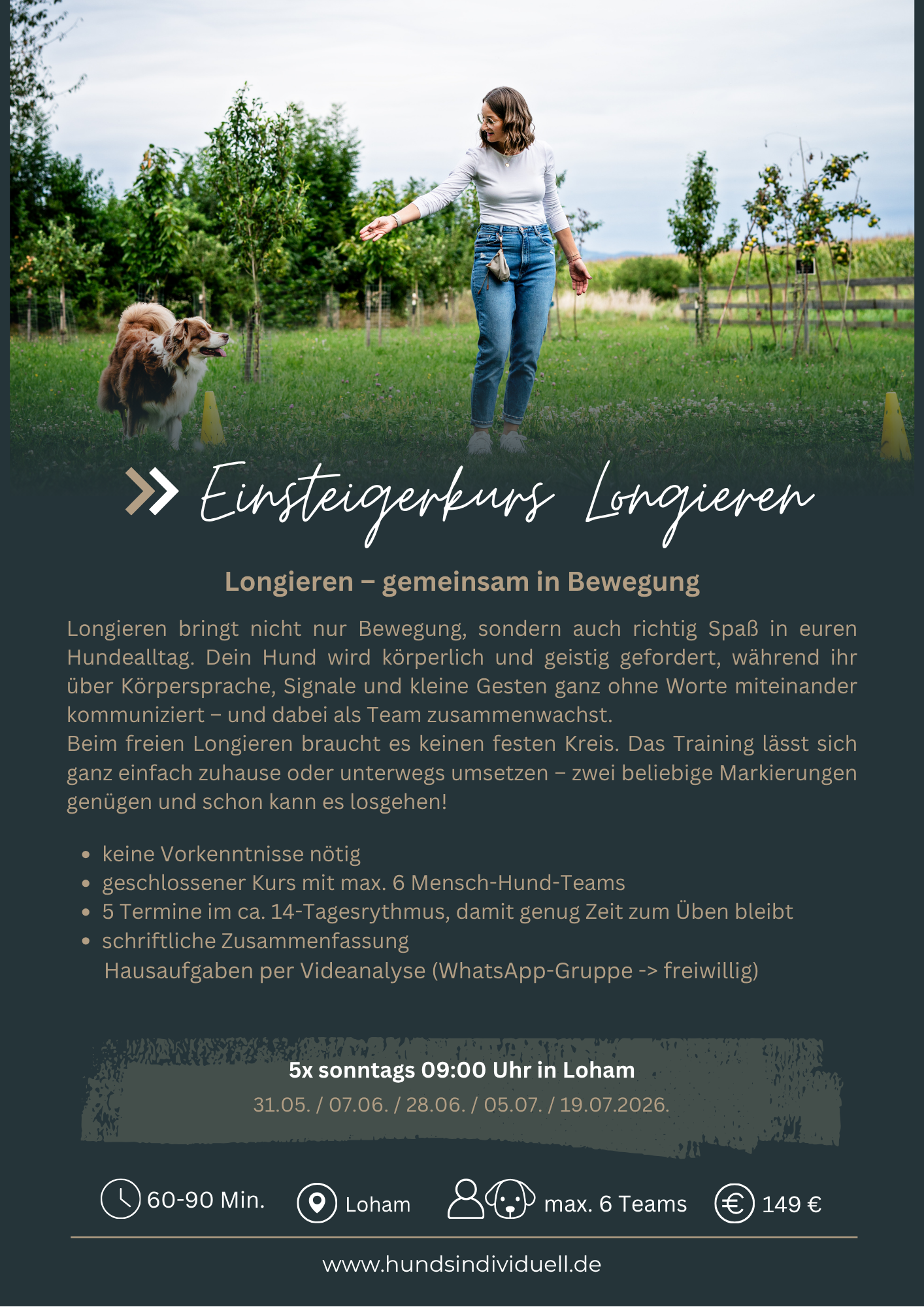 Ausschreibung eines Beschäftigungskurses für Hunde und ihre Menschen. Longieren mit Hund. In der Hundeschule der Hundetrainerin im Raum Deggendorf und Straubing